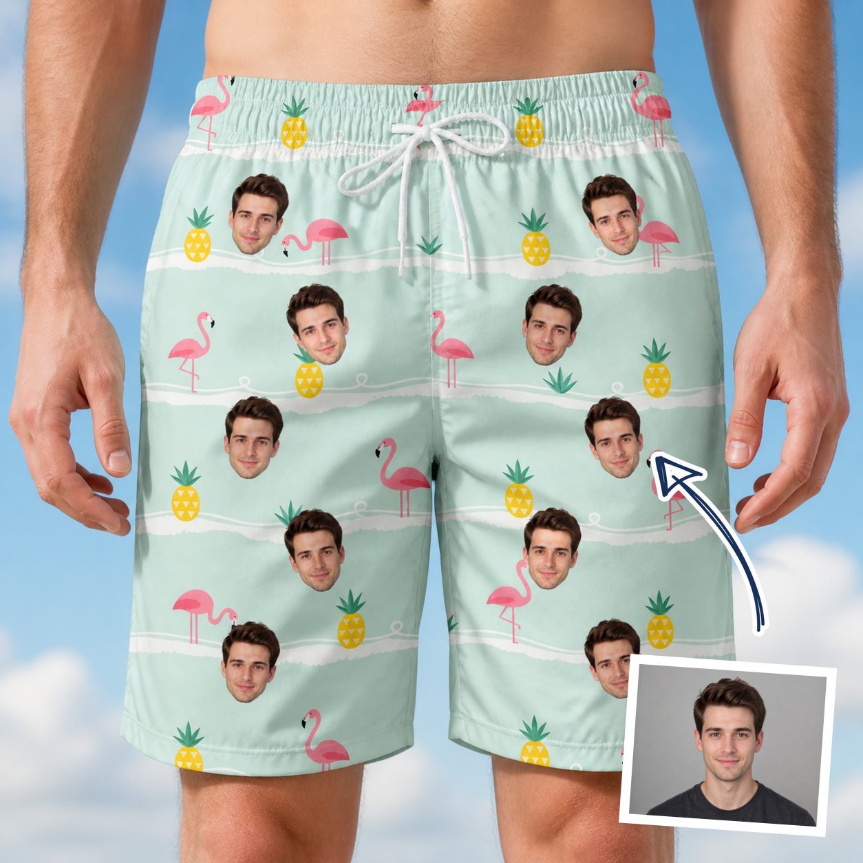 Man wearing Men's Bromeliad Ballet Custom Face Beach Shorts — custom faces printed all-over