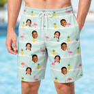 Model wearing Men's Bromeliad Ballet Custom Face Beach Shorts printed with kids' faces