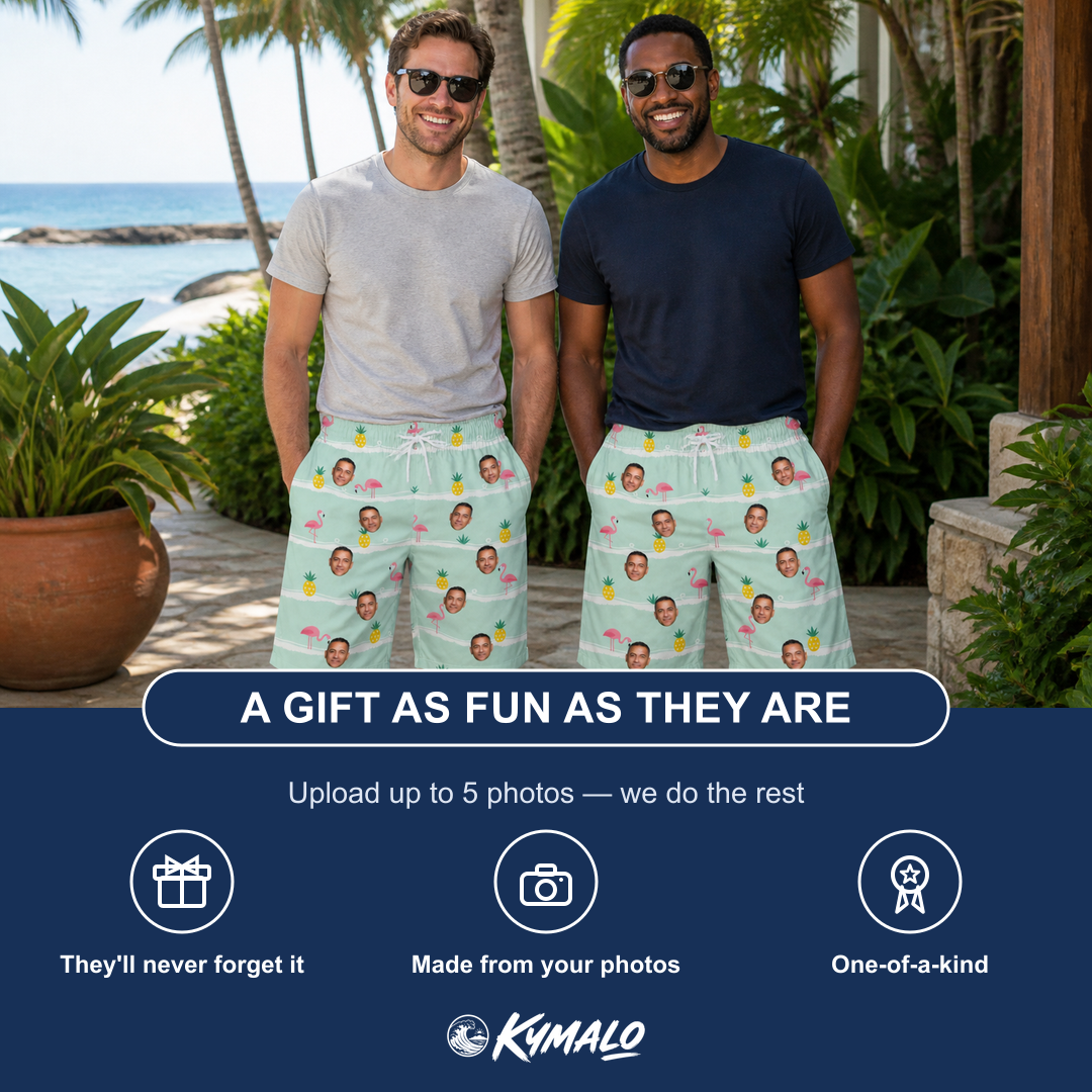 Friends in matching Men's Bromeliad Ballet Custom Face Beach Shorts — a group gift photo