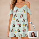 Woman wearing Women's Bromeliad Ballet Custom Face Off-Shoulder Dress — custom faces printed all-over