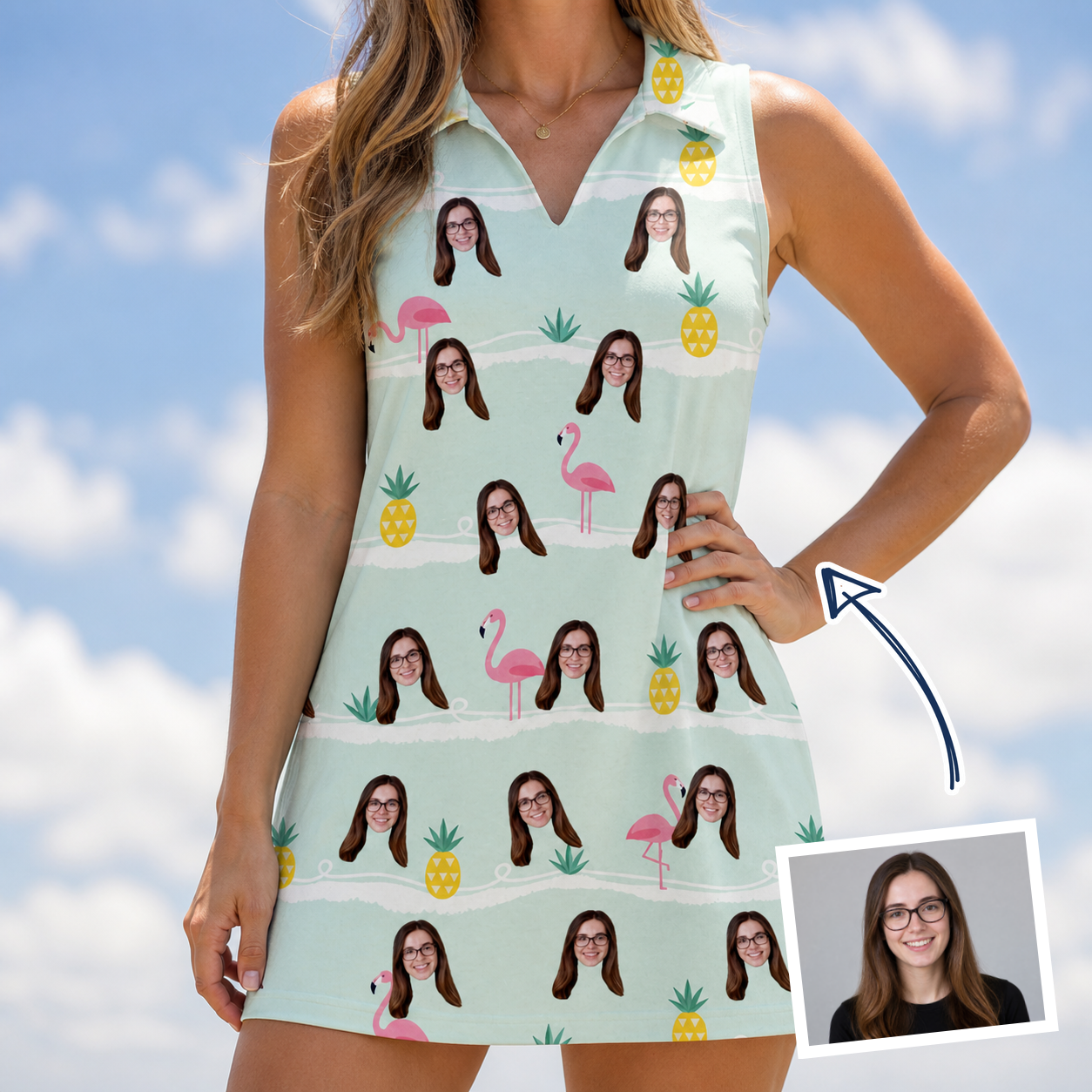 Woman wearing Women's Bromeliad Ballet Custom Face V-Neck Dress — custom faces printed all-over