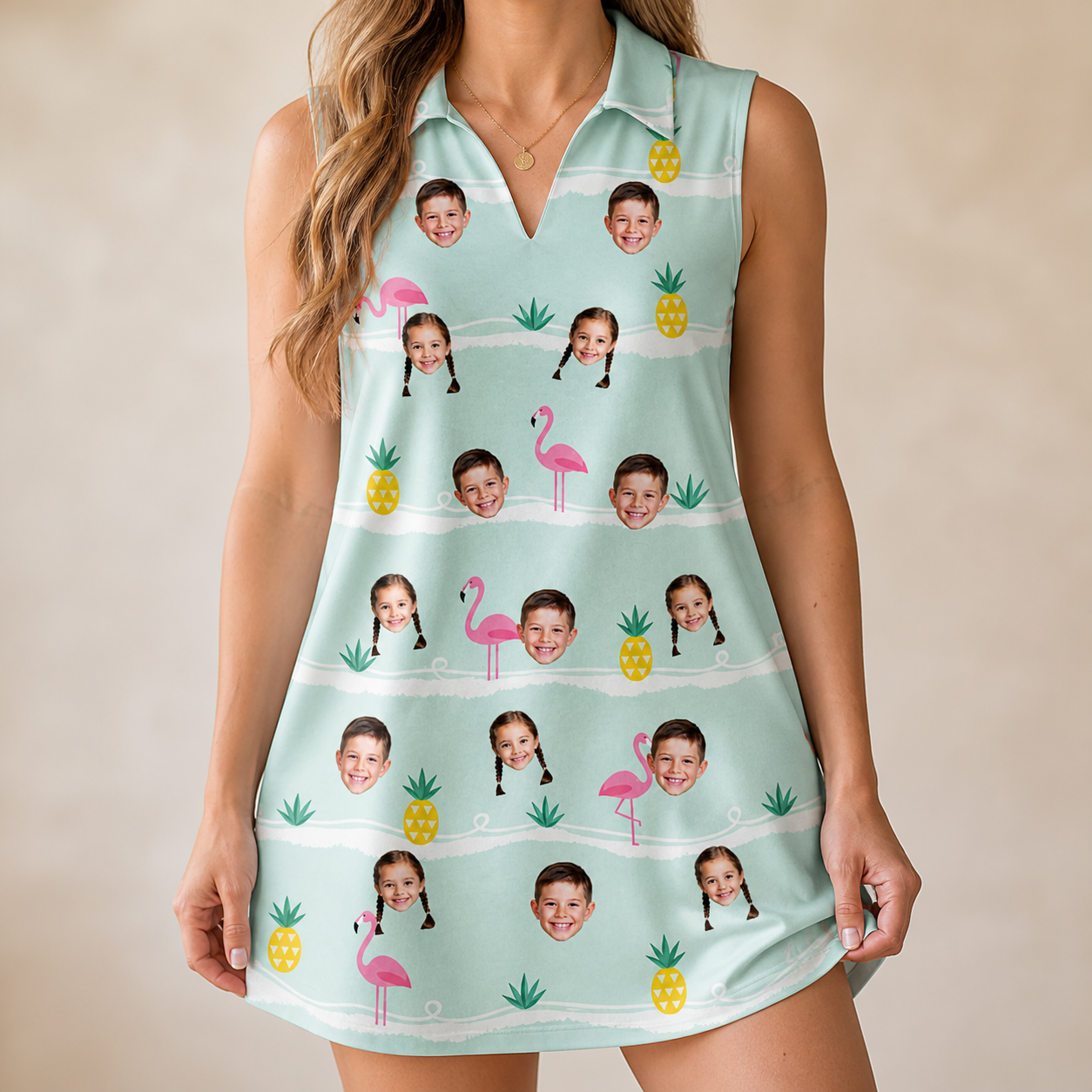 Model wearing Women's Bromeliad Ballet Custom Face V-Neck Dress printed with kids' faces