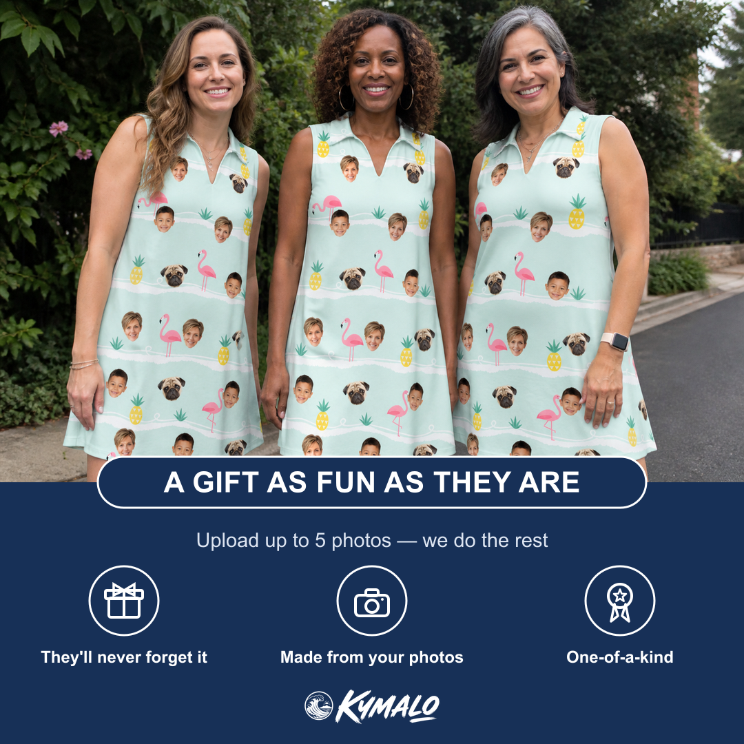 Friends in matching Women's Bromeliad Ballet Custom Face V-Neck Dress — a group gift photo