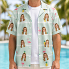 Man wearing Men's Bromeliad Ballet Custom Face Hawaiian Shirt open over a white tee