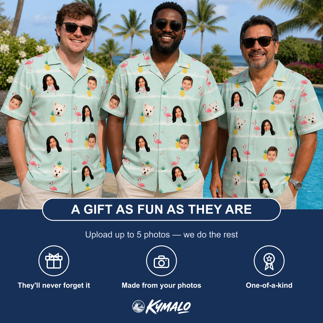 Friends in matching Men's Bromeliad Ballet Custom Face Hawaiian Shirt — a group gift photo