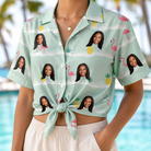 Woman wearing Women's Bromeliad Ballet Custom Face Hawaiian Shirt tied at the waist