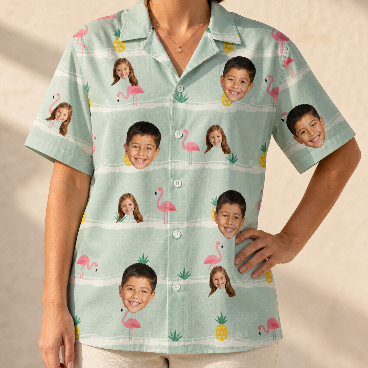 Model wearing Women's Bromeliad Ballet Custom Face Hawaiian Shirt printed with kids' faces