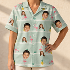 Model wearing Women's Bromeliad Ballet Custom Face Hawaiian Shirt printed with kids' faces