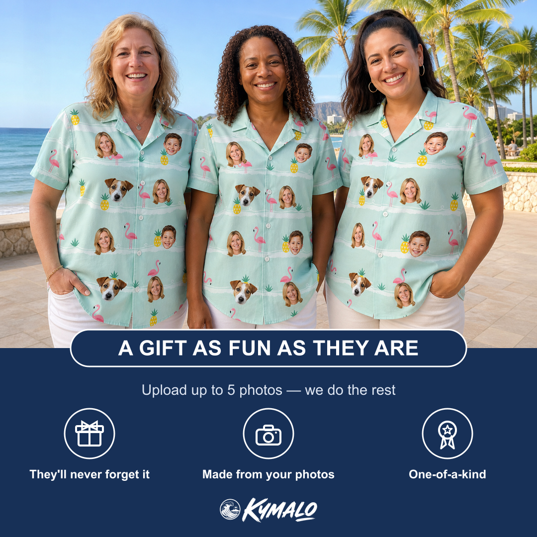 Friends in matching Women's Bromeliad Ballet Custom Face Hawaiian Shirt — a group gift photo