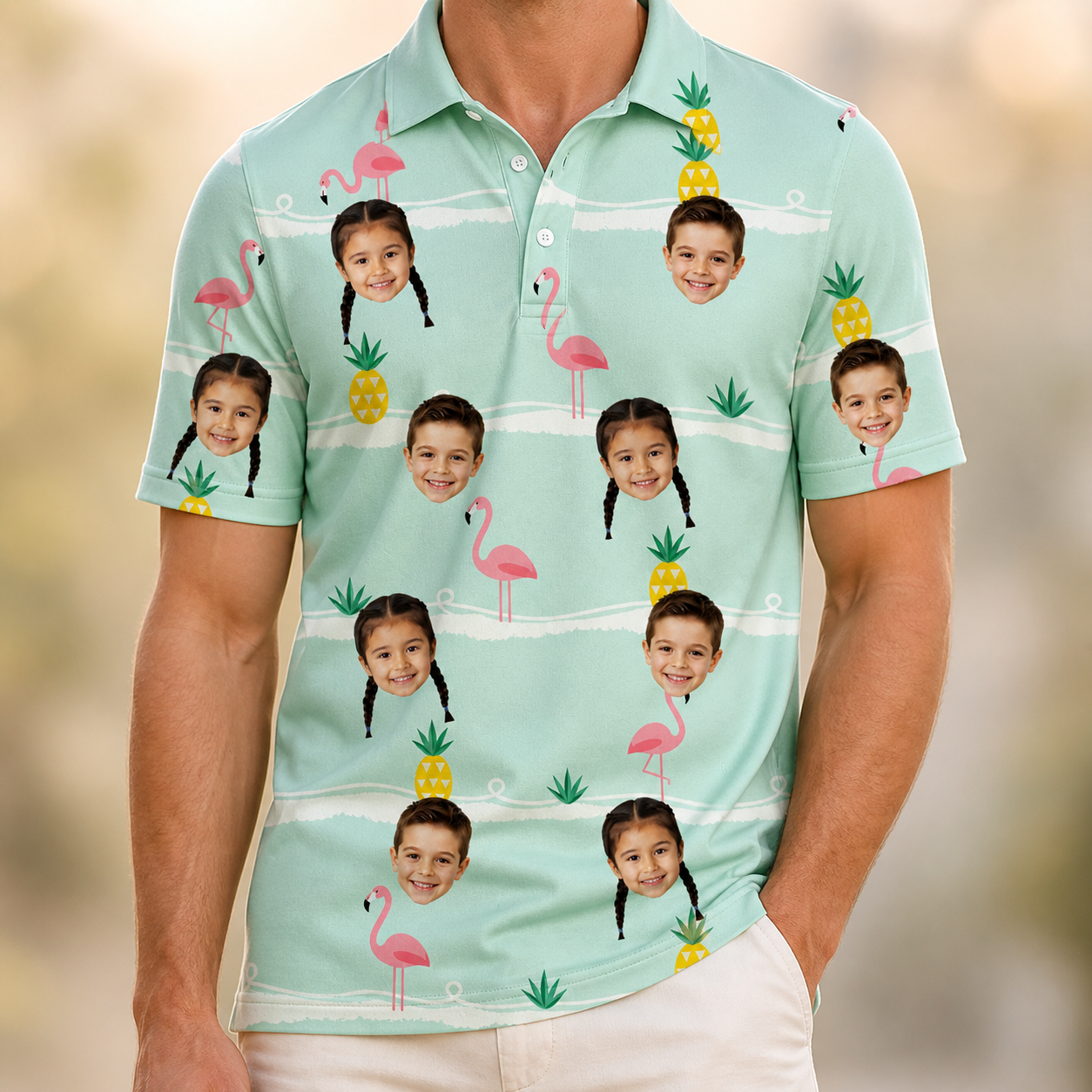 Model wearing Men's Bromeliad Ballet Custom Face Polo Shirt printed with kids' faces