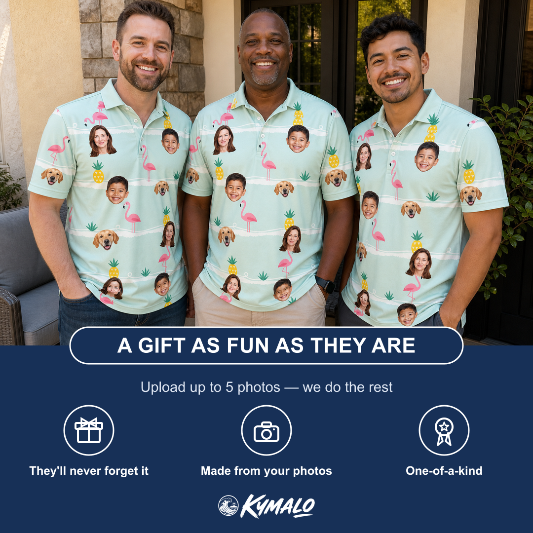 Friends in matching Men's Bromeliad Ballet Custom Face Polo Shirt — a group gift photo