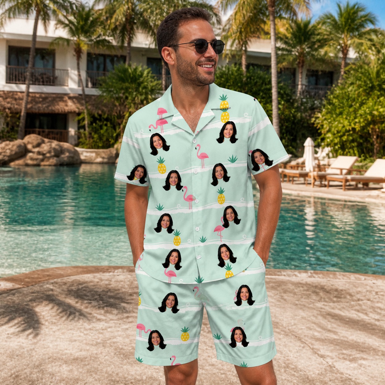 Real-life photo of someone wearing Men's Bromeliad Ballet Custom Face Shirt & Shorts Set — custom faces printed all-over