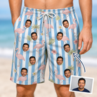 Man wearing Men's Cerise Sashay Custom Face Beach Shorts — custom faces printed all-over