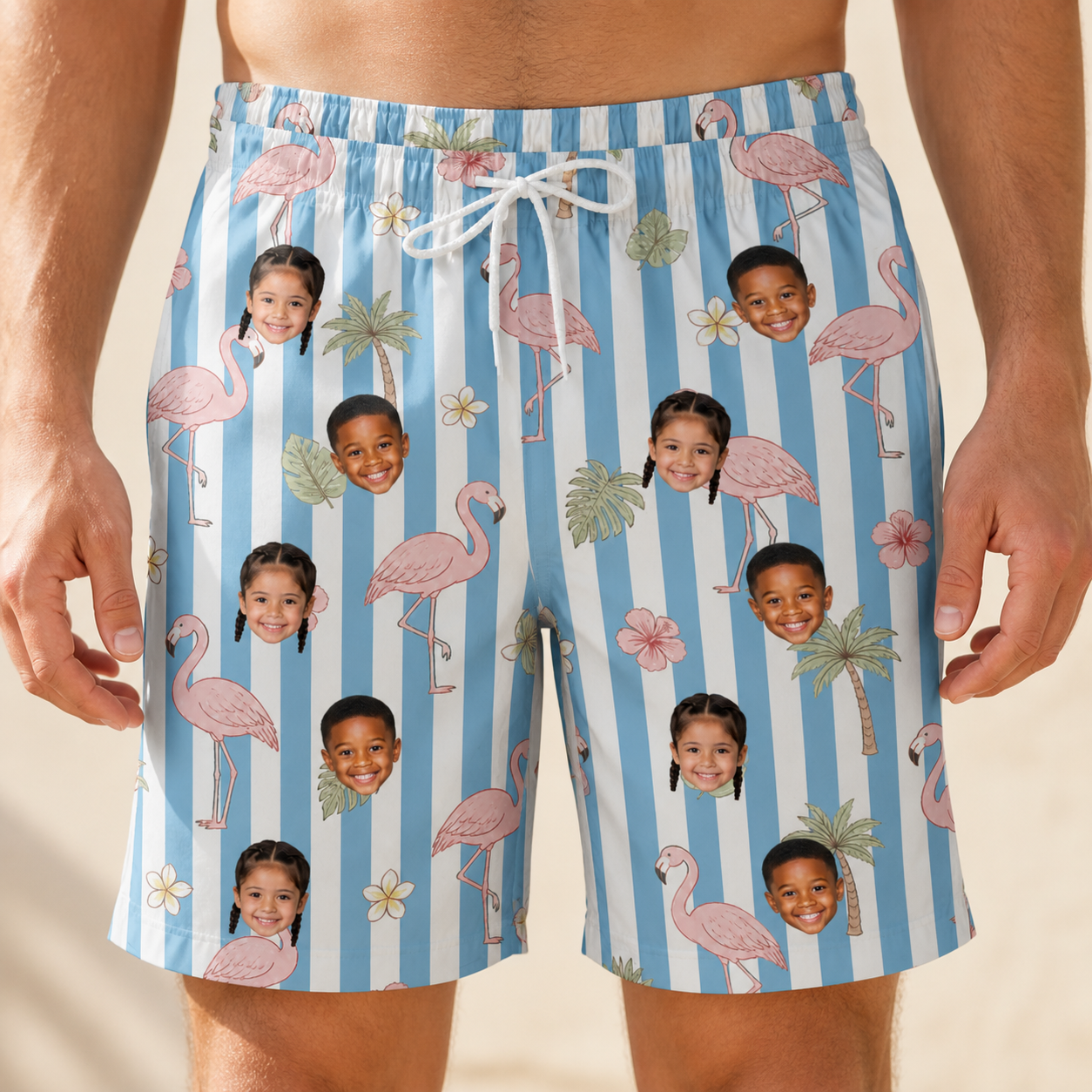 Model wearing Men's Cerise Sashay Custom Face Beach Shorts printed with kids' faces