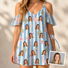 Woman wearing Women's Cerise Sashay Custom Face Off-Shoulder Dress — custom faces printed all-over