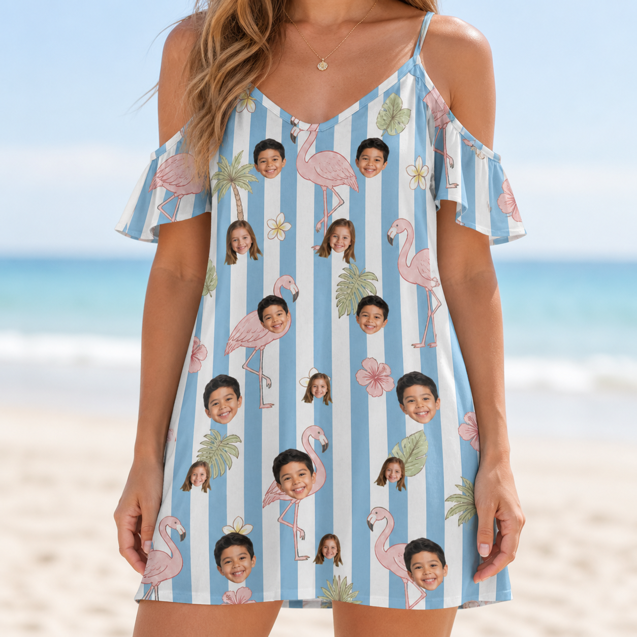 Model wearing Women's Cerise Sashay Custom Face Off-Shoulder Dress printed with kids' faces