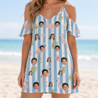 Model wearing Women's Cerise Sashay Custom Face Off-Shoulder Dress printed with kids' faces
