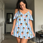 Real-life photo of someone wearing Women's Cerise Sashay Custom Face Off-Shoulder Dress — custom faces printed all-over