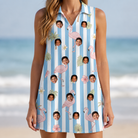 Model wearing Women's Cerise Sashay Custom Face V-Neck Dress printed with kids' faces
