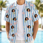 Man wearing Men's Cerise Sashay Custom Face Hawaiian Shirt open over a white tee