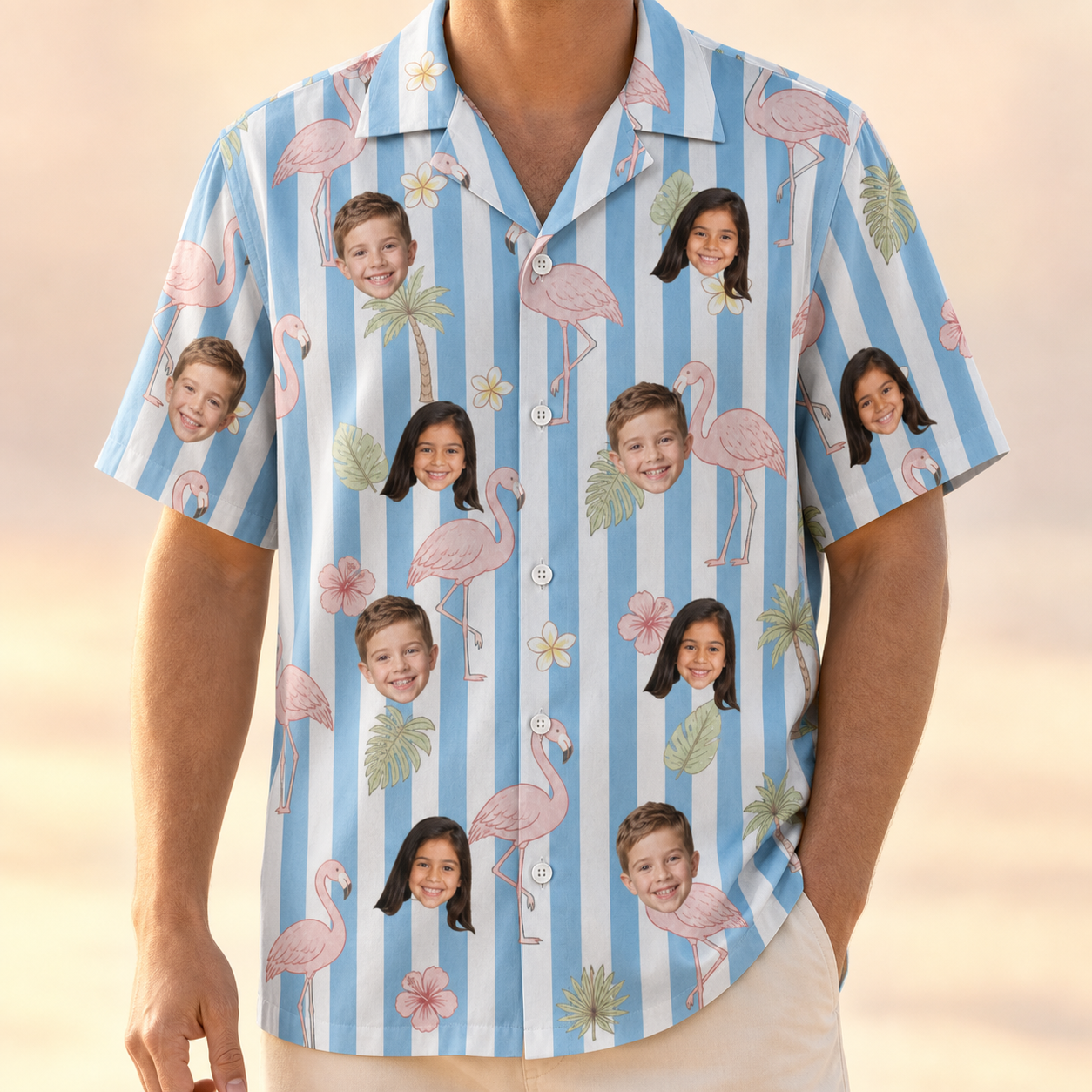 Model wearing Men's Cerise Sashay Custom Face Hawaiian Shirt printed with kids' faces
