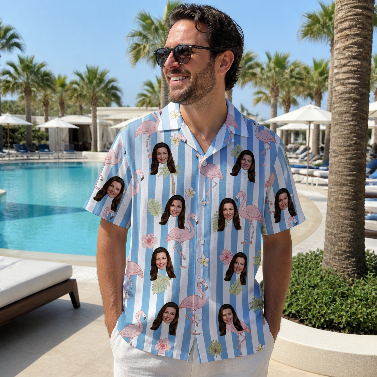 Real-life photo of someone wearing Men's Cerise Sashay Custom Face Hawaiian Shirt — custom faces printed all-over