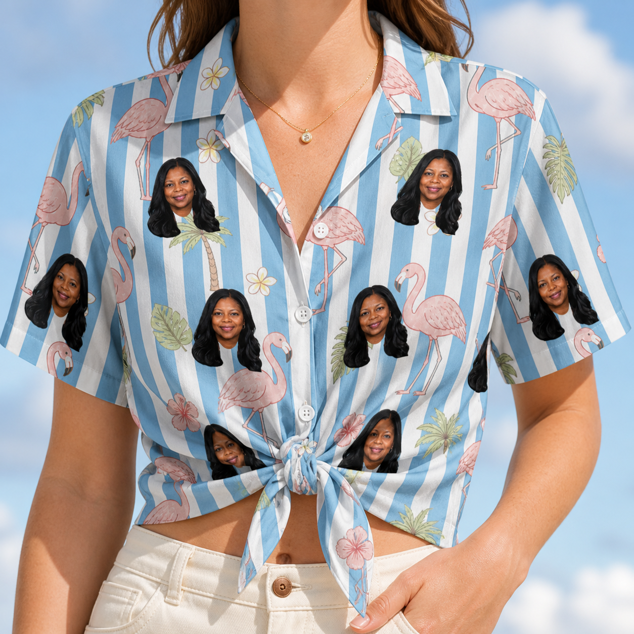Woman wearing Women's Cerise Sashay Custom Face Hawaiian Shirt tied at the waist