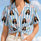 Woman wearing Women's Cerise Sashay Custom Face Hawaiian Shirt tied at the waist