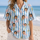 Model wearing Women's Cerise Sashay Custom Face Hawaiian Shirt printed with kids' faces