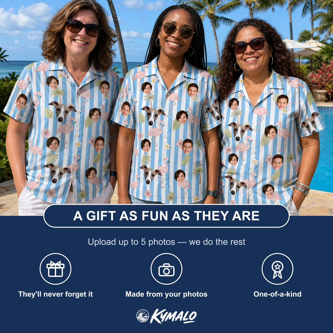 Friends in matching Women's Cerise Sashay Custom Face Hawaiian Shirt — a group gift photo