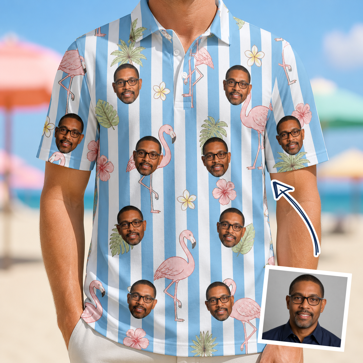 Man wearing Men's Cerise Sashay Custom Face Polo Shirt — custom faces printed all-over