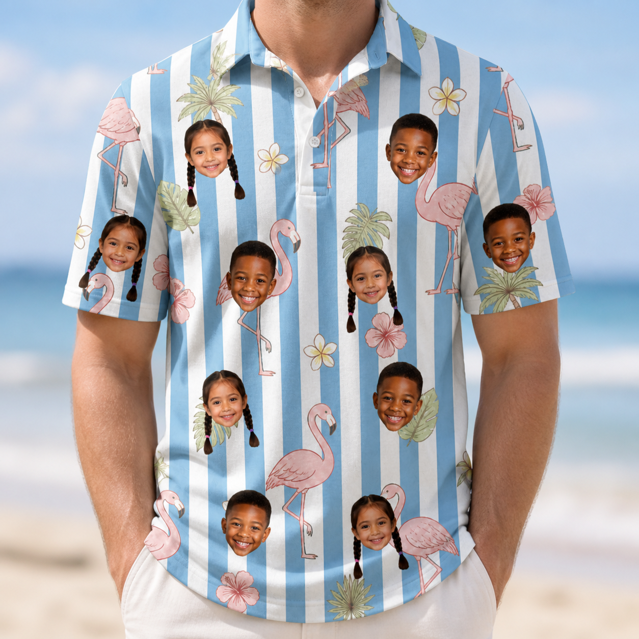 Model wearing Men's Cerise Sashay Custom Face Polo Shirt printed with kids' faces