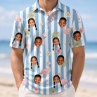 Model wearing Men's Cerise Sashay Custom Face Polo Shirt printed with kids' faces
