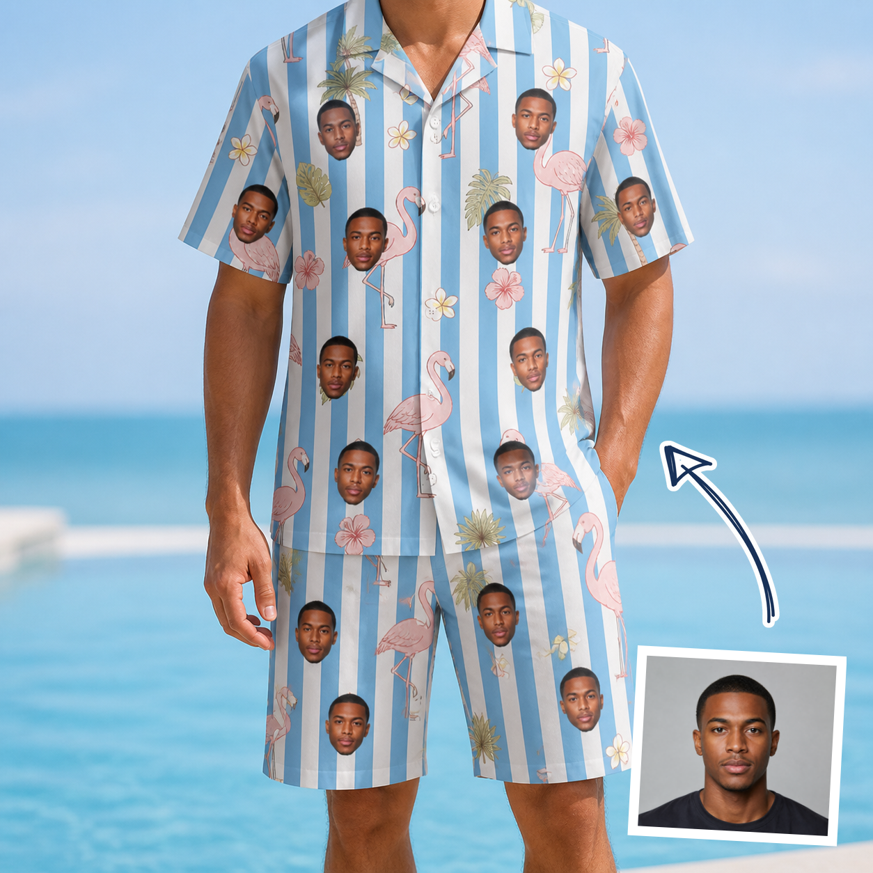 Man wearing Men's Cerise Sashay Custom Face Shirt & Shorts Set — custom faces printed all-over
