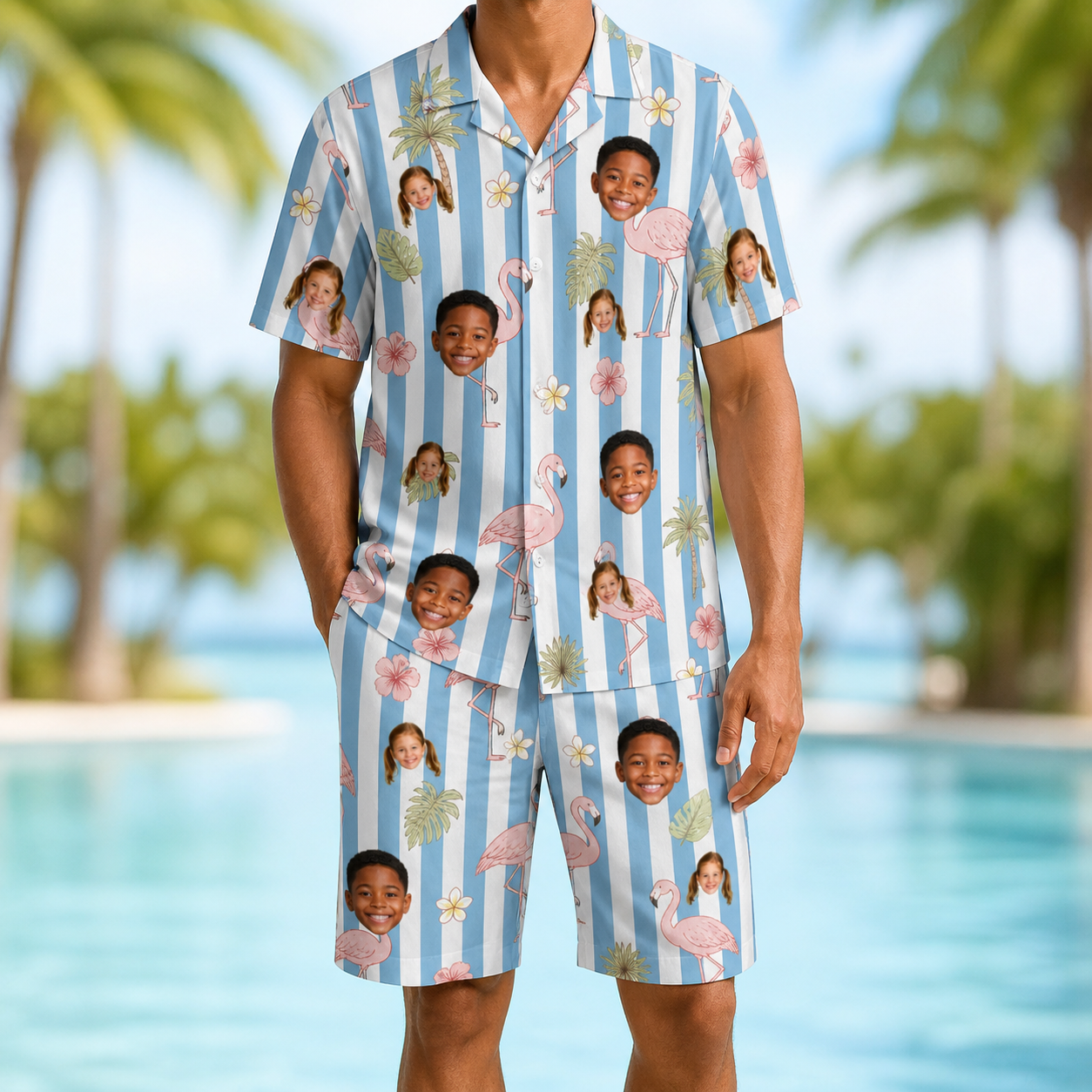 Model wearing Men's Cerise Sashay Custom Face Shirt & Shorts Set printed with kids' faces