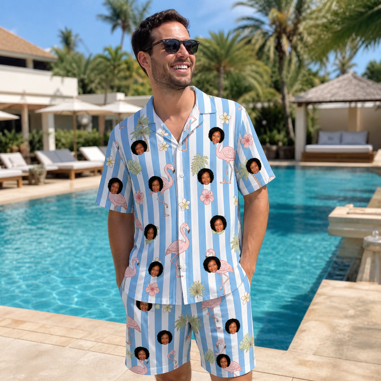 Real-life photo of someone wearing Men's Cerise Sashay Custom Face Shirt & Shorts Set — custom faces printed all-over