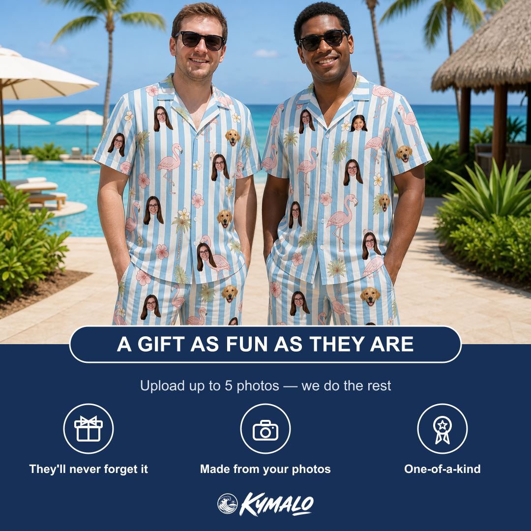 Friends in matching Men's Cerise Sashay Custom Face Shirt & Shorts Set — a group gift photo