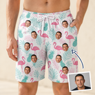 Man wearing Men's Long-Legged Luau Custom Face Beach Shorts — custom faces printed all-over