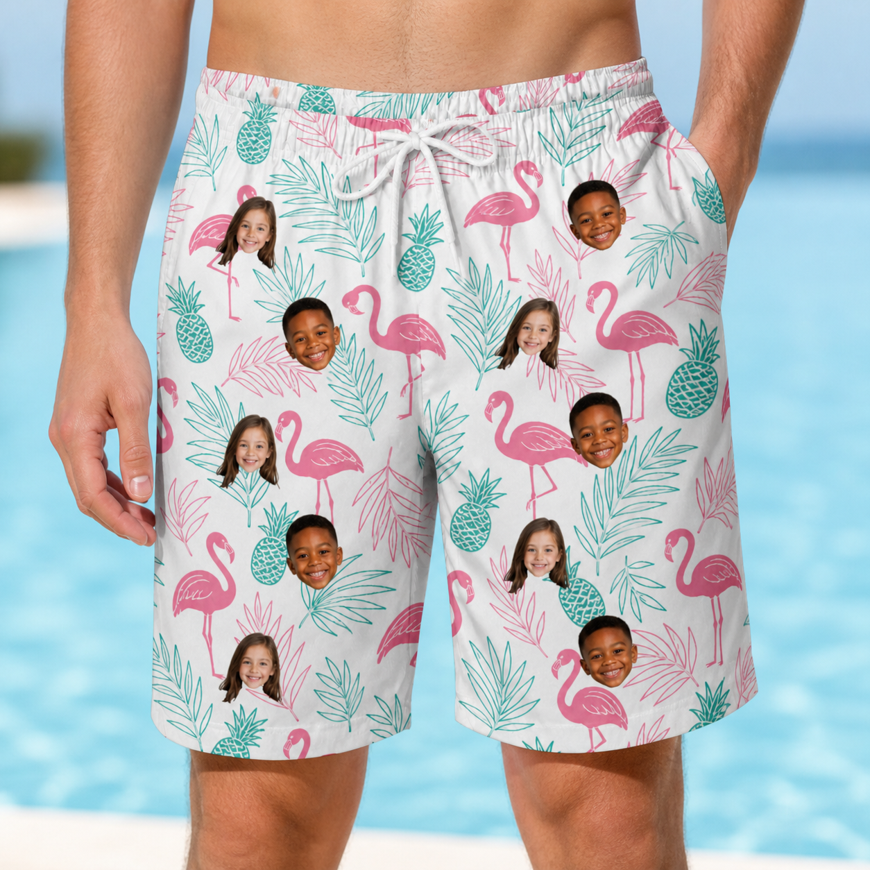 Model wearing Men's Long-Legged Luau Custom Face Beach Shorts printed with kids' faces