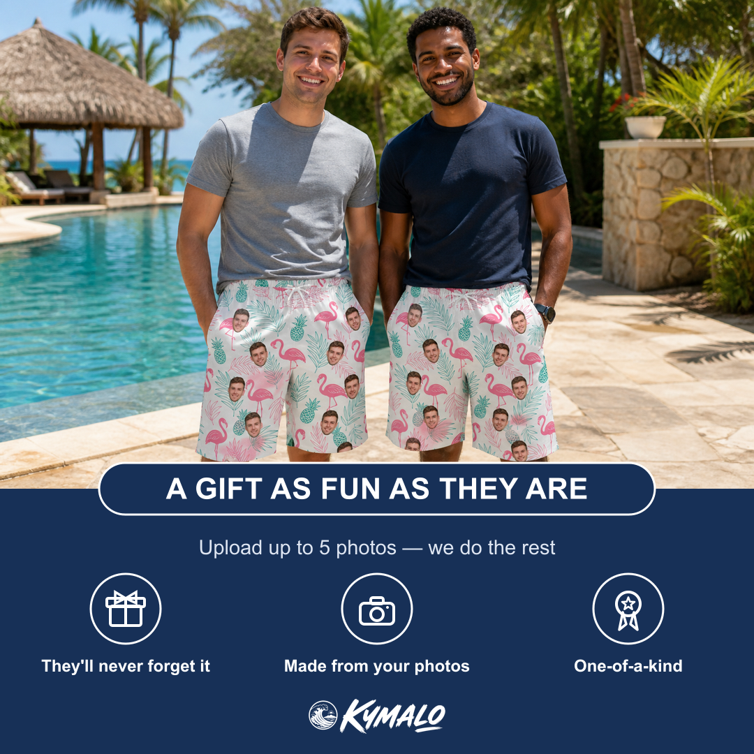 Friends in matching Men's Long-Legged Luau Custom Face Beach Shorts — a group gift photo