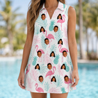 Model wearing Women's Long-Legged Luau Custom Face V-Neck Dress printed with kids' faces
