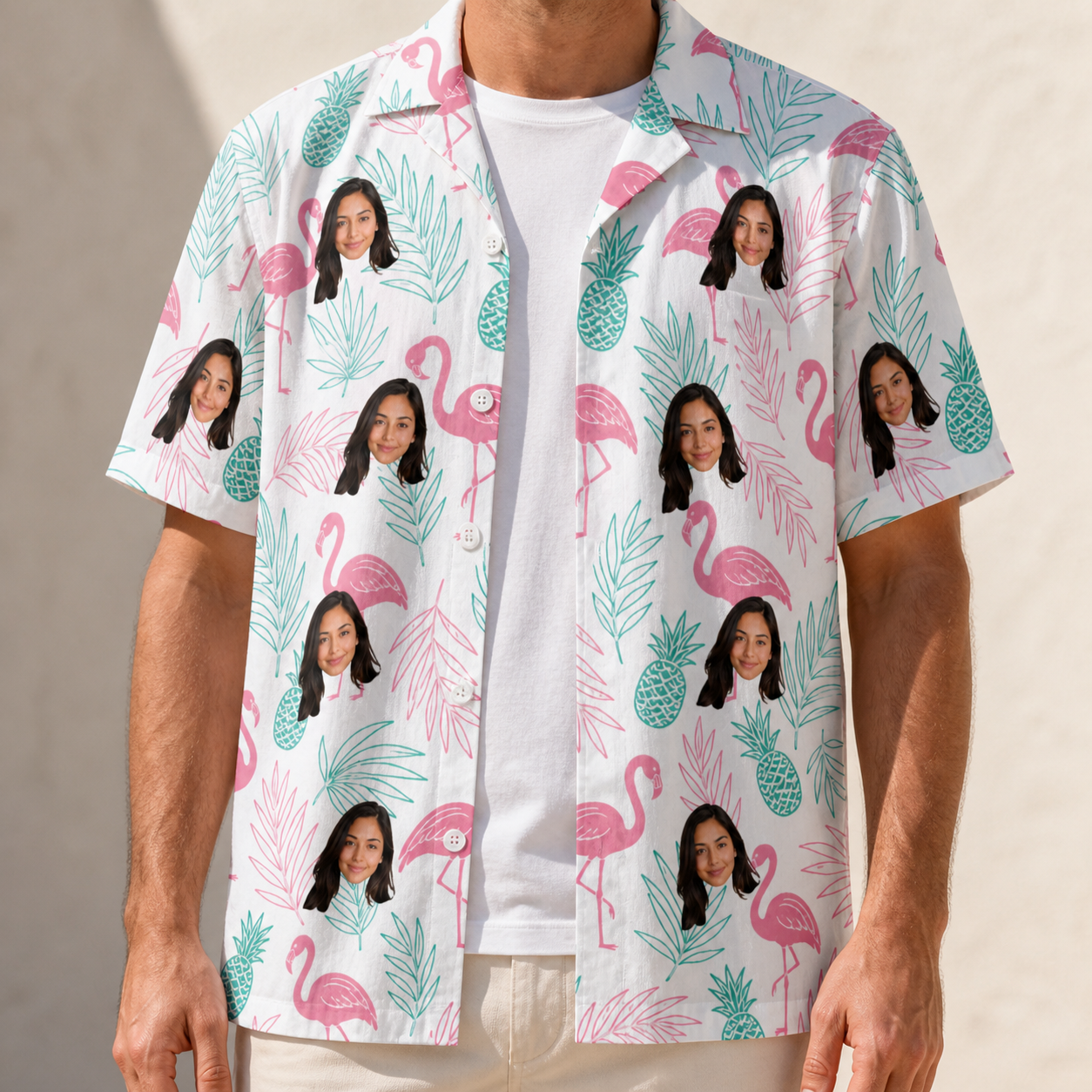 Man wearing Men's Long-Legged Luau Custom Face Hawaiian Shirt open over a white tee