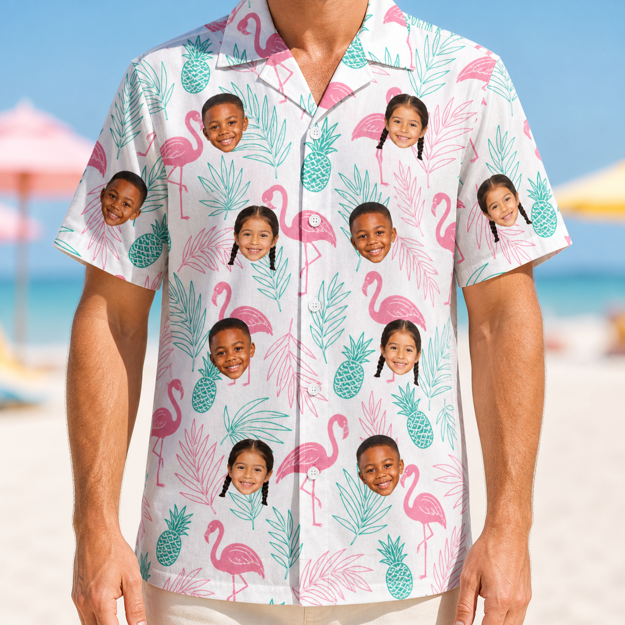 Model wearing Men's Long-Legged Luau Custom Face Hawaiian Shirt printed with kids' faces