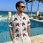 Real-life photo of someone wearing Men's Long-Legged Luau Custom Face Hawaiian Shirt — custom faces printed all-over