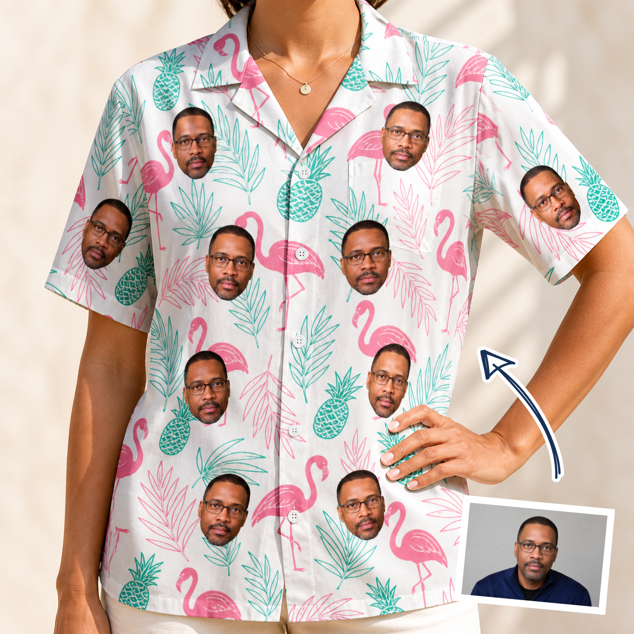 Woman wearing Women's Long-Legged Luau Custom Face Hawaiian Shirt — custom faces printed all-over