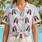 Woman wearing Women's Long-Legged Luau Custom Face Hawaiian Shirt tied at the waist