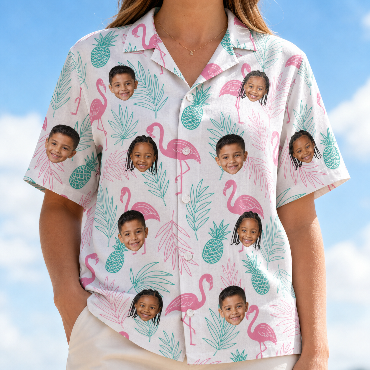 Model wearing Women's Long-Legged Luau Custom Face Hawaiian Shirt printed with kids' faces