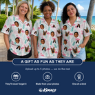 Friends in matching Women's Long-Legged Luau Custom Face Hawaiian Shirt — a group gift photo
