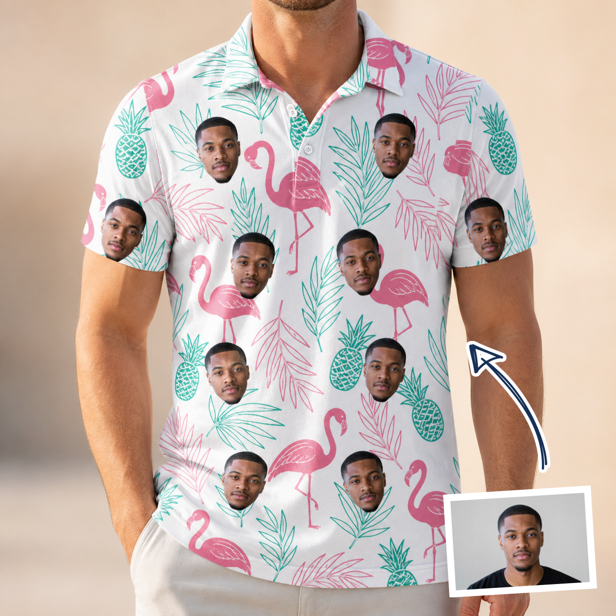Man wearing Men's Long-Legged Luau Custom Face Polo Shirt — custom faces printed all-over