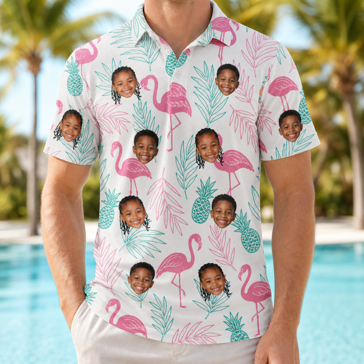 Model wearing Men's Long-Legged Luau Custom Face Polo Shirt printed with kids' faces